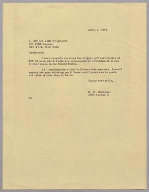 [Letter from Daniel W. Kempner to A. Sulka and Company, April 6, 1954]