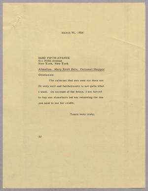 [Letter from Daniel W. Kempner to Saks Fifth Avenue, March 30, 1954]