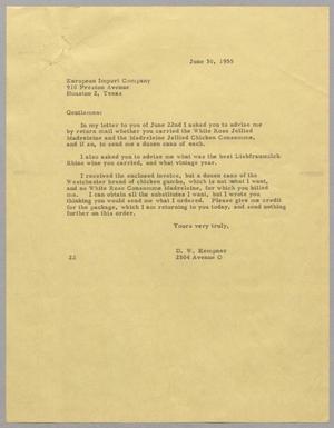 [Letter from Daniel W. Kempner to European Import Company, June 30, 1955]