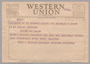[Telegram from Hans F. Elmiger to Daniel W. Kempner, February 9, 1955]