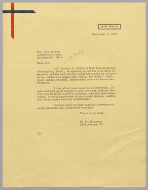 Primary view of object titled '[Letter from Daniel W. Kempner to Tom Green, December 7, 1955]'.