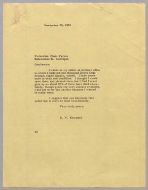 Primary view of object titled '[Letter from Daniel W. Kempner to Wolverine Plant Farms, November 28, 1955]'.