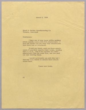 [Letter from Daniel W. Kempner to Black & Decker Manufacturing Co., March 2, 1955]