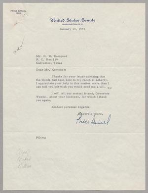 [Letter from Price Daniel to Daniel W. Kempner, January 13, 1955]