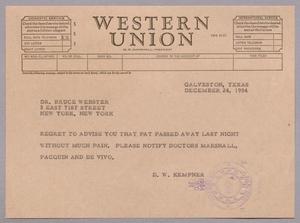 [Telegram from D. W. Kempner to Bruce Webster, December 24, 1954]