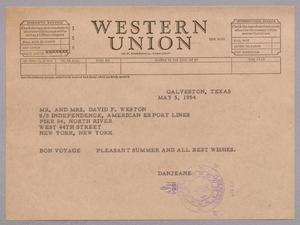 [Telegram from Jeane and D. W. Kempner to Mr. and Mrs. David F. Weston, May 5, 1954]