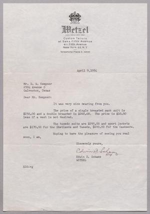 [Letter from Wetzel Cutsom Tailors to D. W. Kempner, April 9, 1954]