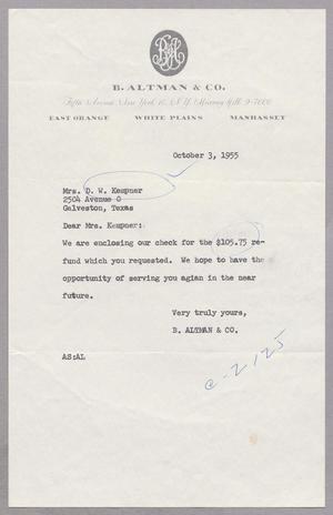 [Letter from B. Altman & Co. to Mrs. D. W. Kempner, October 3, 1955]