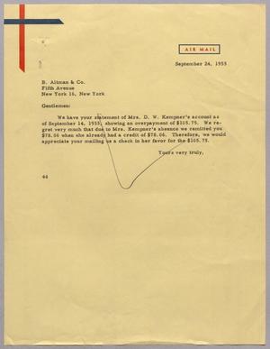 Primary view of object titled '[Letter from A. H. Blackshear, Jr. to B. Altman & Co., September 24, 1955]'.
