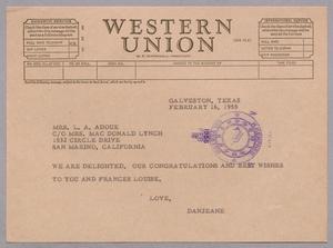 [Telegram from Jeane and D. W. Kempner to Mrs. L. A. Adoue, February 16, 1955]