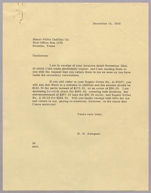 [Letter from Daniel W. Kempner to Bland-Willis Cadillac Co., December 16, 1955]
