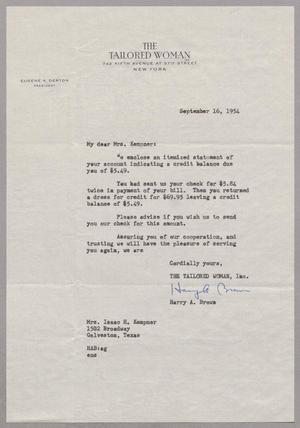 [Letter from The Tailored Woman to Mrs. Isaac H. Kempner, September 16, 1954]