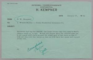 [Message from D. W. Kempner to J. Wilson Dickey, January 27, 1954]