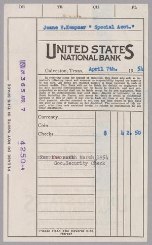 [Invoice for Check to United States National Bank for March 1954]