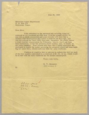 [Letter from Daniel W. Kempner to the Galveston Water Department, June 20, 1955]