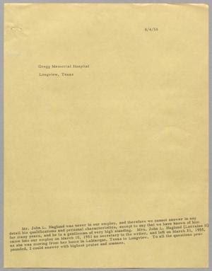 [Letter to the Gregg Memorial Hospital, August 4, 1955]