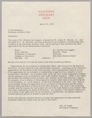 [Letter from the Galveston Artillery Club, March 15, 1955]