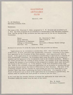 [Letter from the Galveston Artillery Club, March 2, 1955]