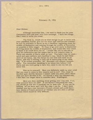Primary view of object titled '[Letter from Mrs. Daniel W. Kempner to Micheline Helene Kanzelefska, February 19, 1954]'.