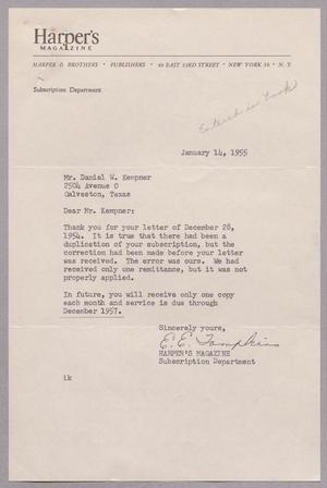 [Letter from Harper's Magazine to Daniel W. Kempner, January 14, 1955]
