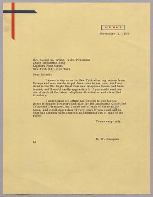 [Letter from Daniel W. Kempner to Roland C. Irvine, November 12, 1955]
