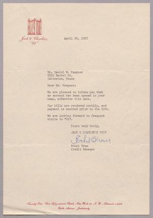 [Letter from Jack & Charlie's "21" to Daniel W. Kempner, April 29, 1955]