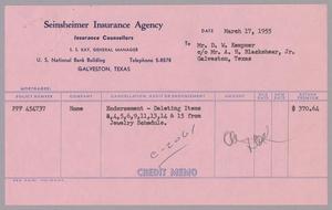 [Invoice for Insurance for D. W. Kempner, March 1955]
