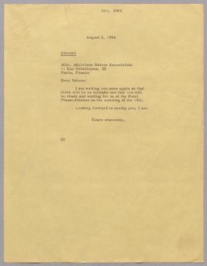 [Letter from D. W. Kempner to Mlle. Michelene Helene Kanzelefska, August 2, 1954]