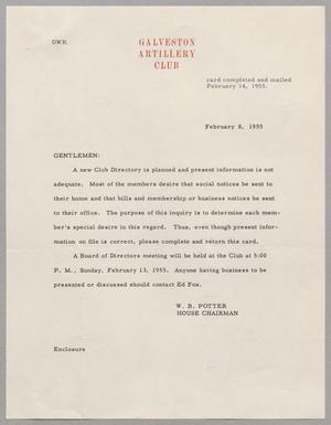[Letter from the Galveston Artillery Club, February 8, 1955]