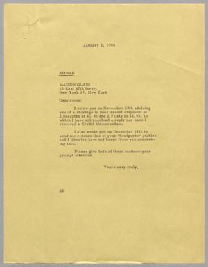 [Letter from Daniel W. Kempner to Maison Glass, January 3, 1954]