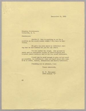 Primary view of object titled '[Letter from Daniel W. Kempner to Shandon Greenhouse, December 10, 1955]'.