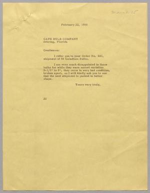 Primary view of object titled '[Letter from Daniel W. Kempner to Cape Bulb Company, February 22, 1955]'.