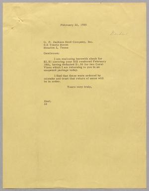 Primary view of object titled '[Letter from Daniel W. Kempner to O. P. Jackson Seed Company, February 22, 1955]'.