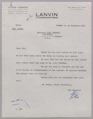 [Letter from Lanvin to Daniel W. Kempner, November 30, 1955]