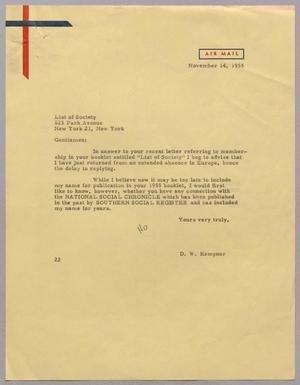 [Letter from D. W. Kempner to List of Society, November 14, 1955]