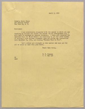 [Letter from D. W. Kempner to Liberty Music Shops, Inc., April 5, 1955]