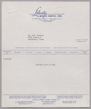 [Invoice for Balance Paid to Liberty Music Shops, Inc., December 1954]