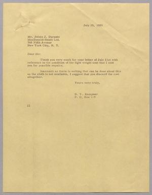 [Letter from D. W. Kempner to Juluis J. Durante, July 23, 1955]