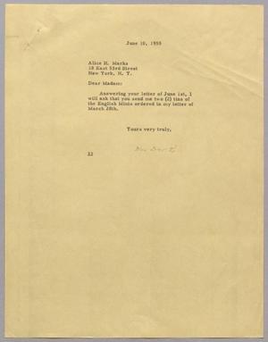 [Letter from D. W. Kempner to Alice H. Marks, June 10, 1955]