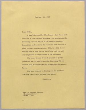 [Letter from Daniel W. Kempner to Mrs. H. Stanley Marcus, February 16, 1955]