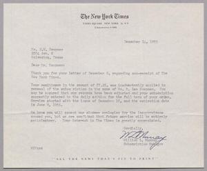 [Letter from The New York Times to Daniel W. Kempner, December 14, 1955]
