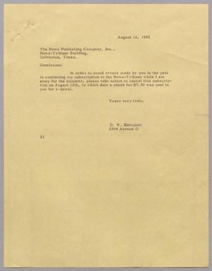 [Letter from D. W. Kempner to The News Publishing Company, Inc., August 10, 1955]