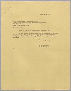 [Letter from D. W. Kempner to John Dickson, February 14, 1955]