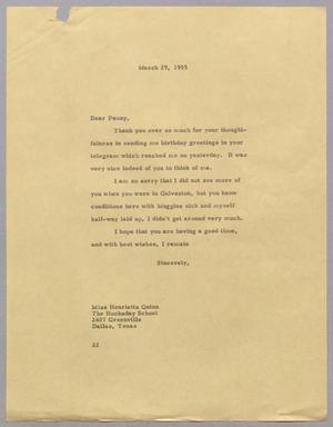 [Letter from D. W. Kempner to Miss Henrietta Quinn, March 29, 1955]
