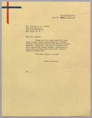 Primary view of object titled '[Letter from D. W. Kempner to Dr. Thomas A. C. Rennie, May 25, 1955]'.