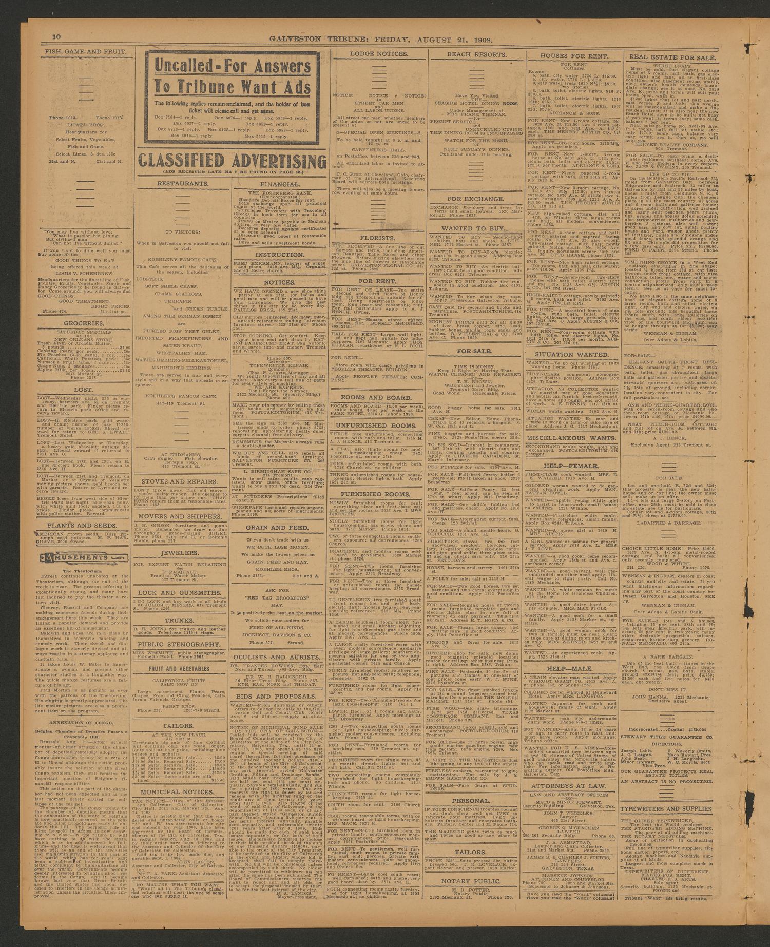 Galveston Tribune. (Galveston, Tex.), Vol. 28, No. 231, Ed. 1 Friday, August 21, 1908
                                                
                                                    [Sequence #]: 10 of 16
                                                