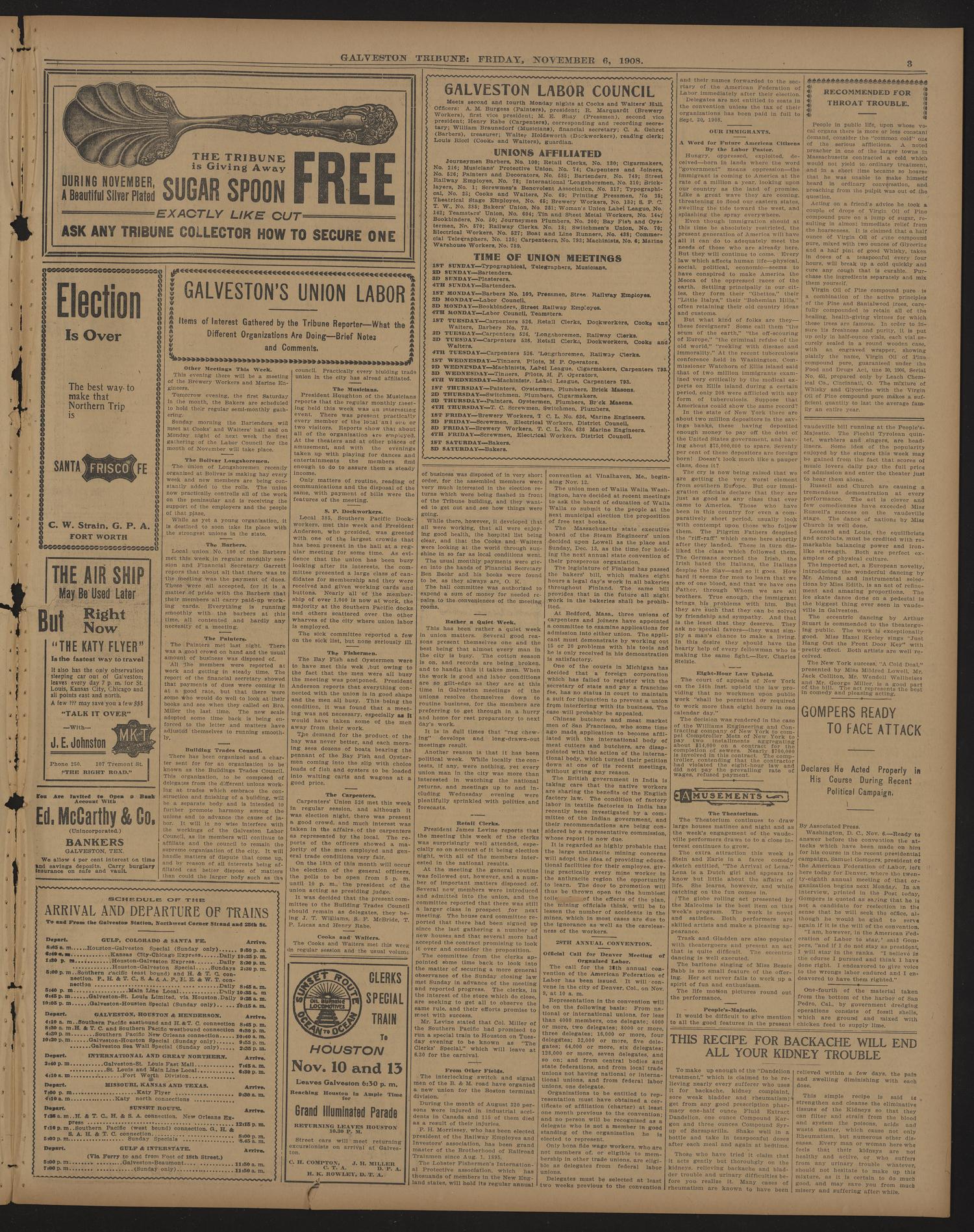 Galveston Tribune. (Galveston, Tex.), Vol. 28, No. 297, Ed. 1 Friday, November 6, 1908
                                                
                                                    [Sequence #]: 3 of 16
                                                