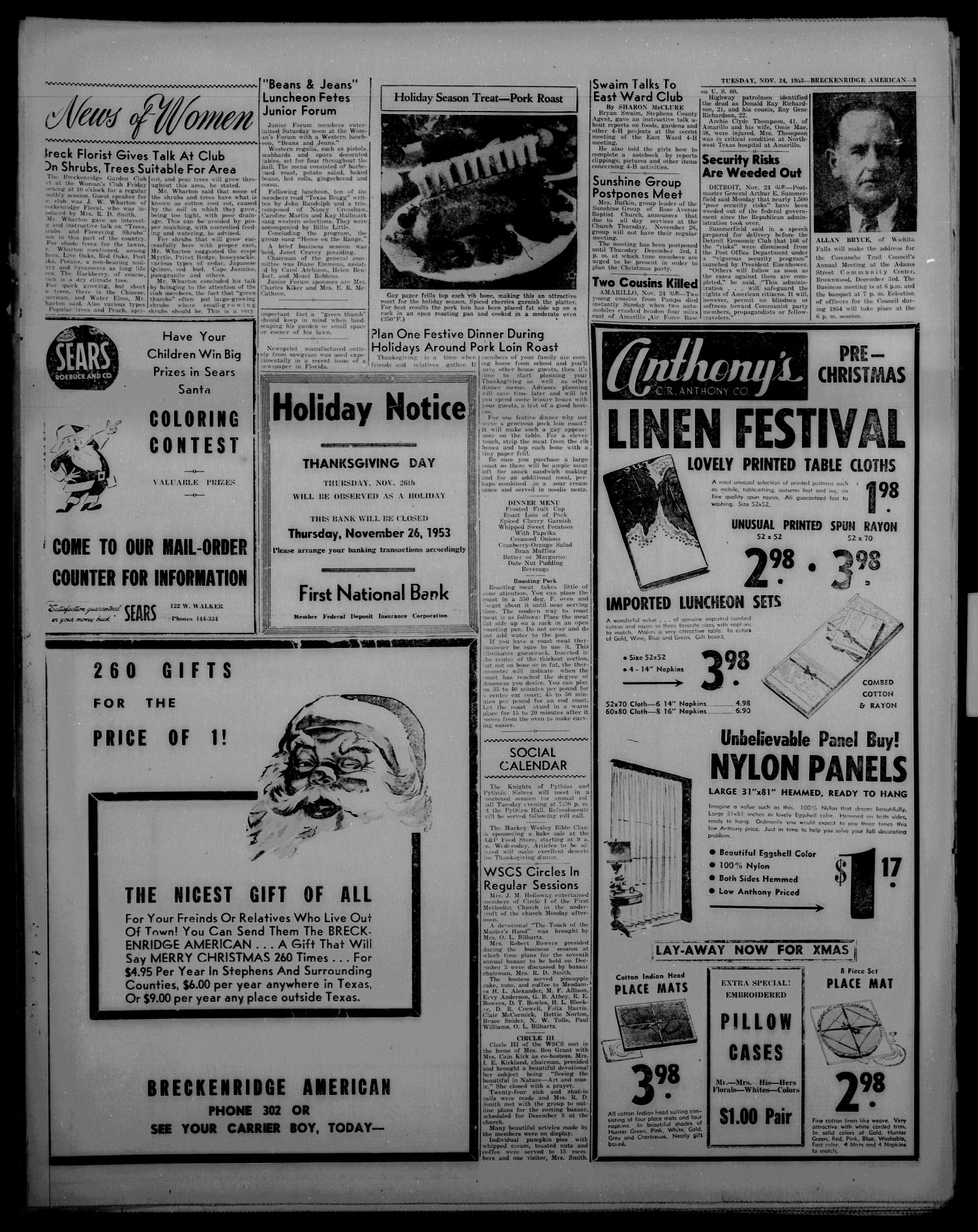 Breckenridge American (Breckenridge, Tex.), Vol. 33, No. 251, Ed. 1 Tuesday, November 24, 1953
                                                
                                                    [Sequence #]: 3 of 10
                                                