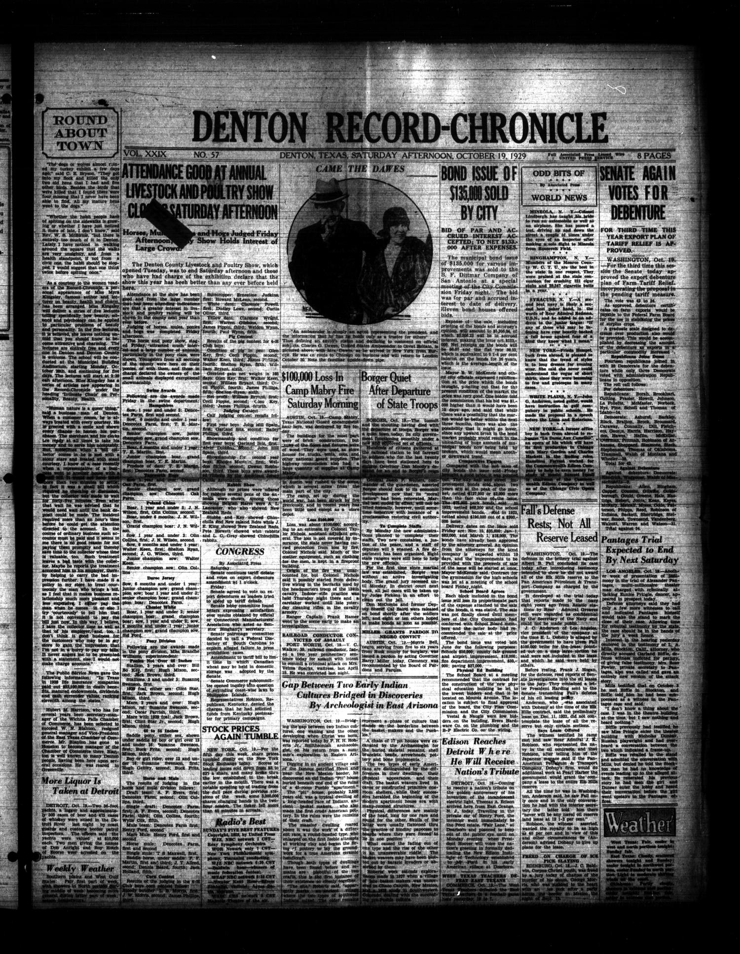 Denton Record-Chronicle (Denton, Tex.), Vol. 29, No. 57, Ed. 1 Saturday, October 19, 1929
                                                
                                                    [Sequence #]: 1 of 8
                                                