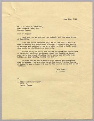 [Letter from Daniel W. Kempner to A. G. Hopkins, June 29, 1949]